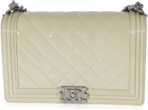 CHANEL Pre-Loved 14P Grey Patent Mix Quilted New Medium Boy Bag