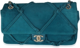 CHANEL Pre-Loved Teal Suede Goatskin Diamond Fringe Medium Flap Bag