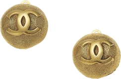 CHANEL Pre-Loved Gold Textured 'CC' Round Earrings, Gold