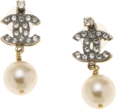 CHANEL Pre-Loved Gold Crystal Faux Pearl 'CC' Dangle Earrings, Gold