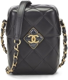 CHANEL Pre-Loved Black Lambskin Diamond Lock Phone Holder, Black