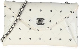CHANEL Pre-Loved White Lambskin CC Logo Envelope Clutch With Chain, Black