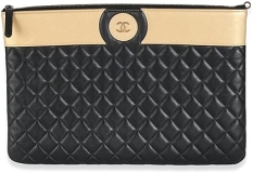 CHANEL Pre-Loved Gold Black Quilted Lambskin Large O Case, Black