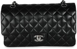 CHANEL Pre-Loved Black Quilted Lambskin Medium Classic Double Flap Bag