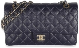 CHANEL Pre-Loved Navy Quilted Caviar Medium Classic Double Flap Handbag