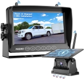 FEISIKE Solar Wireless Backup Camera 7 Inch Magnetic RV Rechargeable Dual-Antenna Night Vision Rear View Camera 4 Channels 1080P HD Video Recording 150 Wide Angle Back up Camera for Truck