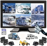 Waterproof Avoid Blind Spot Kit 10.1 Inch 1080P Backup Camera Monitor with Built-in DVR for RV Truck Trailer Rear Side Front View FHD Image 4 Split Large Screen 64GB Recorder IP69