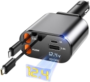 RETRACTABLE 4-in-1 Fast Charging Car Phone Charger, 69W USB C Adapter for iPhone, Galaxy, Pixel - Road Trip Essentials