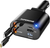 Retractable 4-in-1 Fast Car Phone Charger with USB C and Apple Adapter - Compatible with iPhone, Galaxy, Pixel