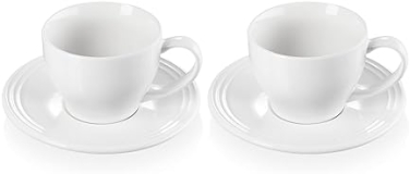 Le Creuset White Stoneware 7 oz. Cappuccino Cups & Saucers Set of 2